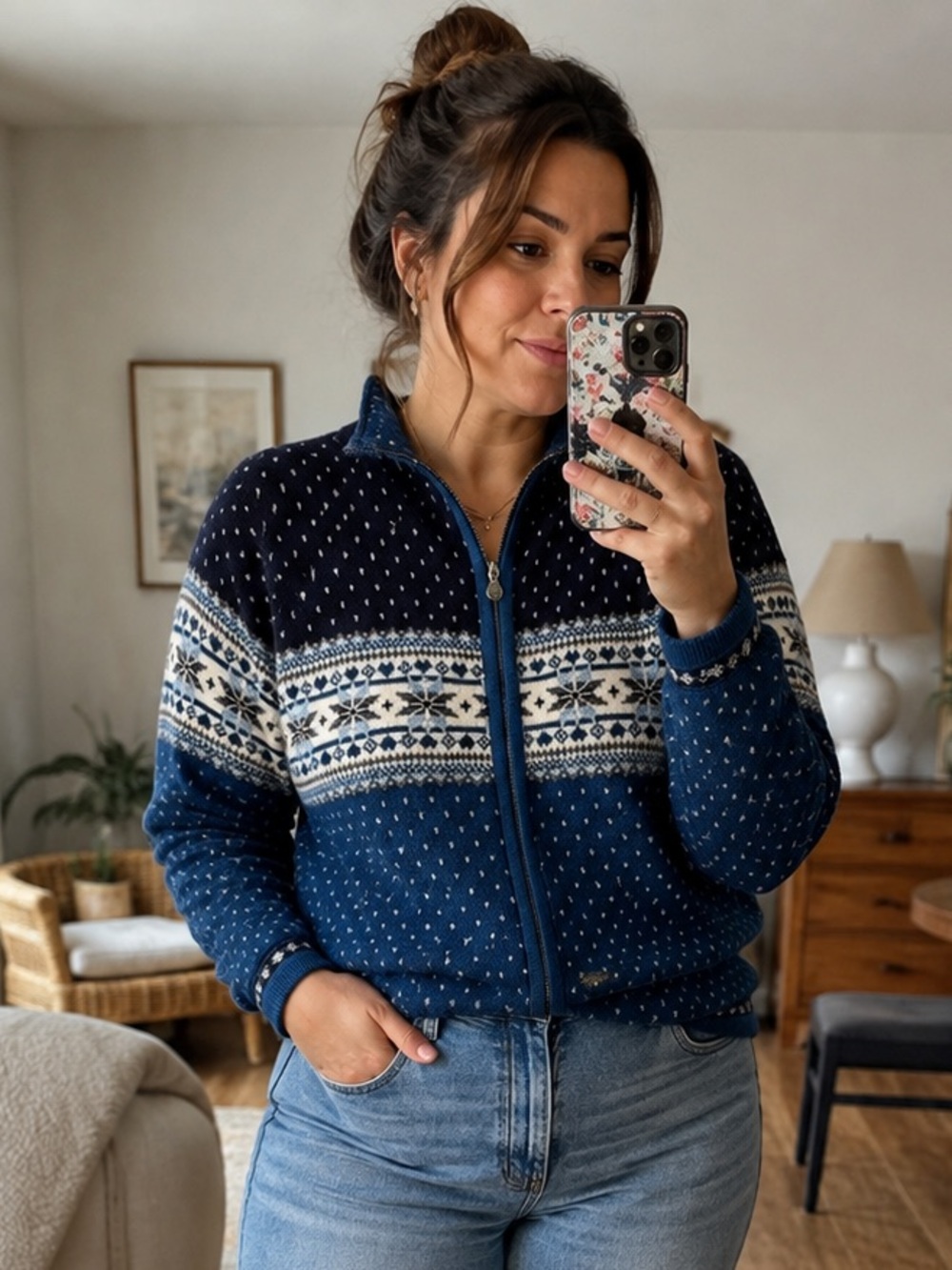 Northern Reflections Blue and White Zip-Up Sweater